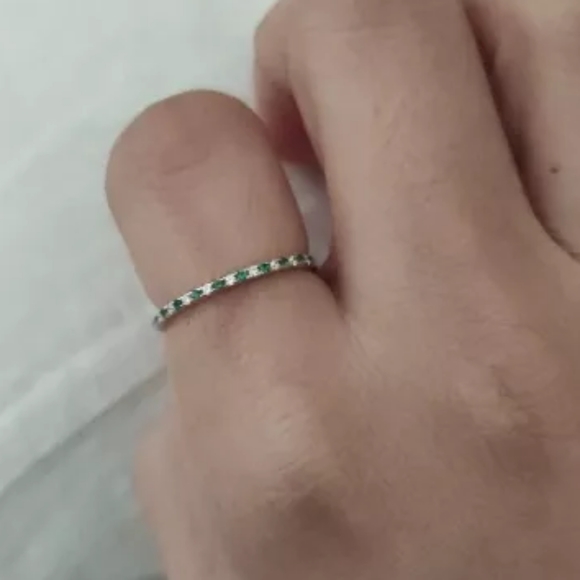 Green Clear Zircon Pave Sterling Silver Band Stackable Diamond Emerald Eternity - Picture 11 of 16